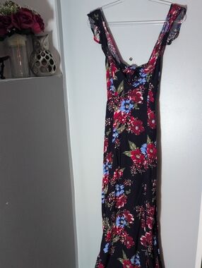 Charlotte Russe Black Maxi Dress with Red & Blue Floral Print